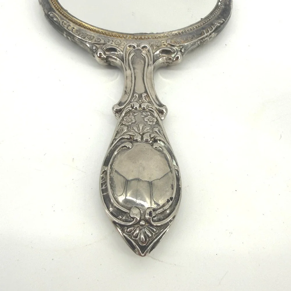 Vintage Hand Mirror Women OS Silver Ornate Floral Repousse Victorian Style